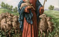 Vintage illustration of The Good Shepherd with Jesus holding a lamb; lithograph, 1930s. (Photo by GraphicaArtis/Getty Images)